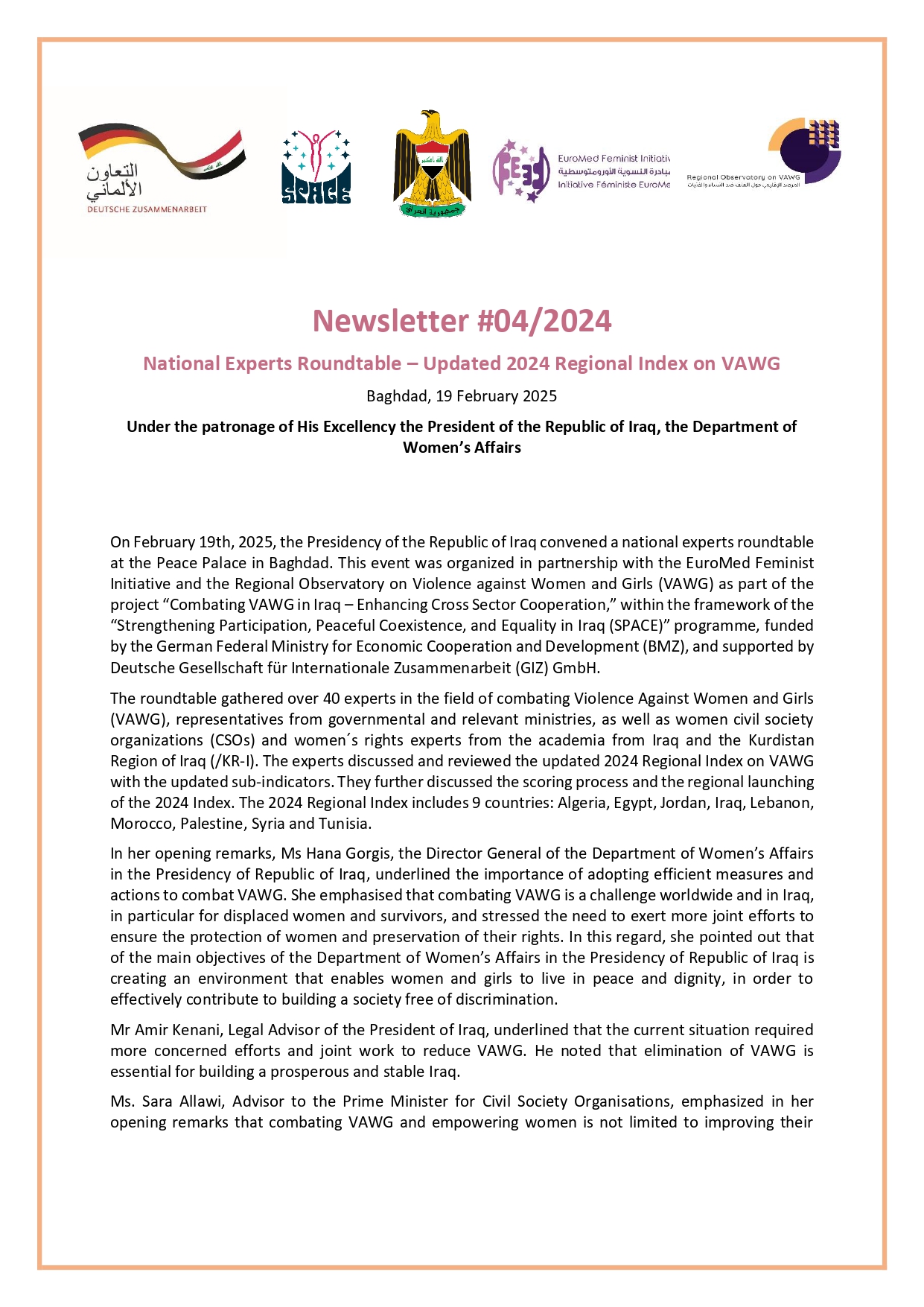 Newsletter: Iraq Experts Roundtable - 2024 Regional Index on VAWG